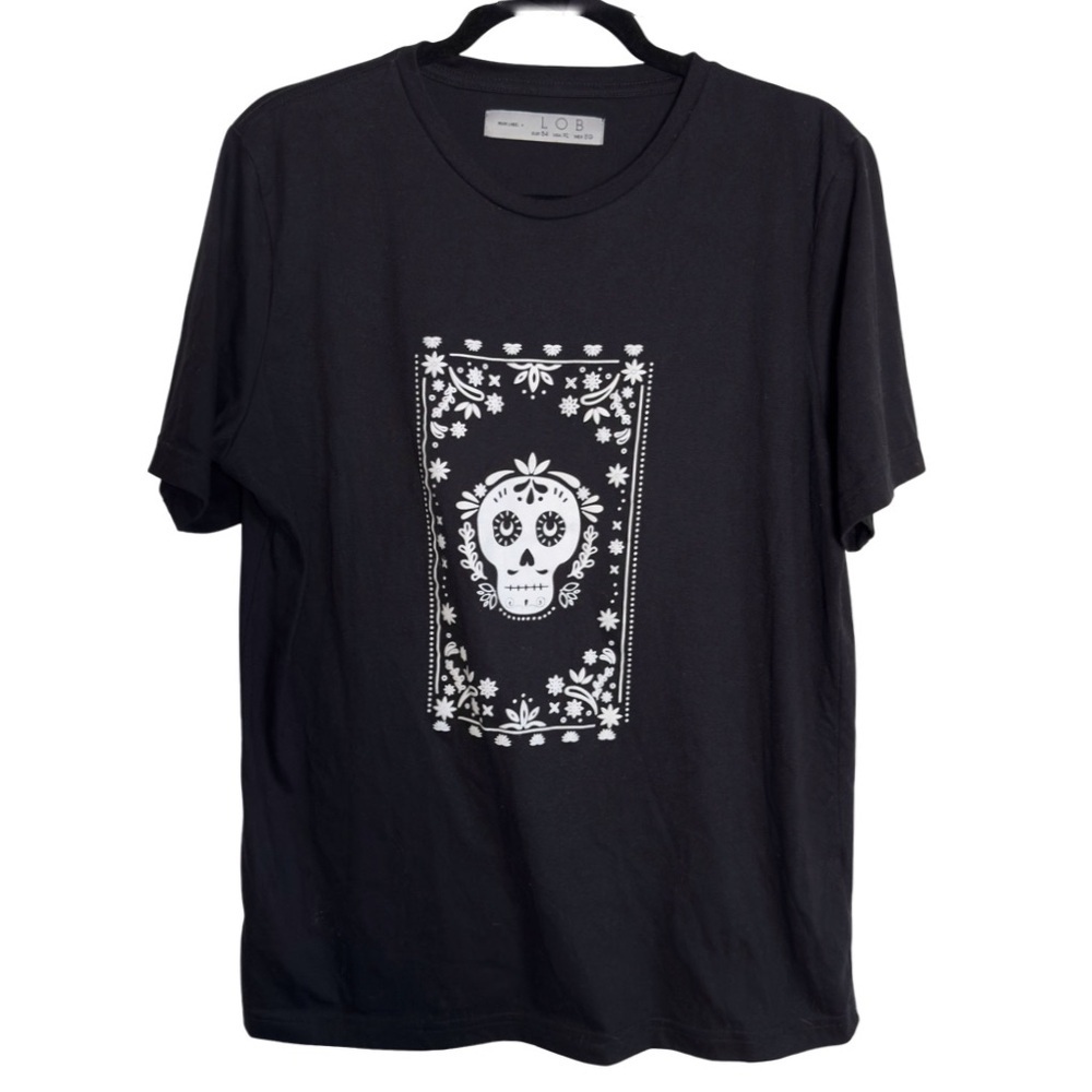 LOB Day of Dead Black Skull Black Graphic Tee Shirt XL